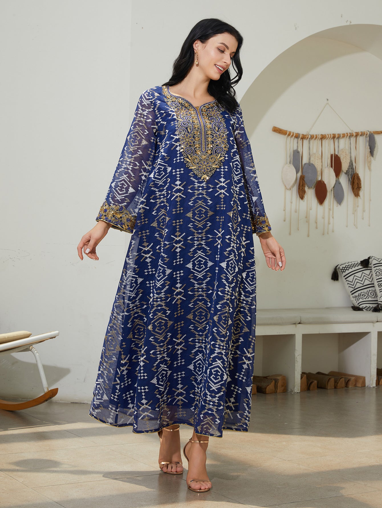 Blue V-Neck Long-Sleeve Maxi Dress