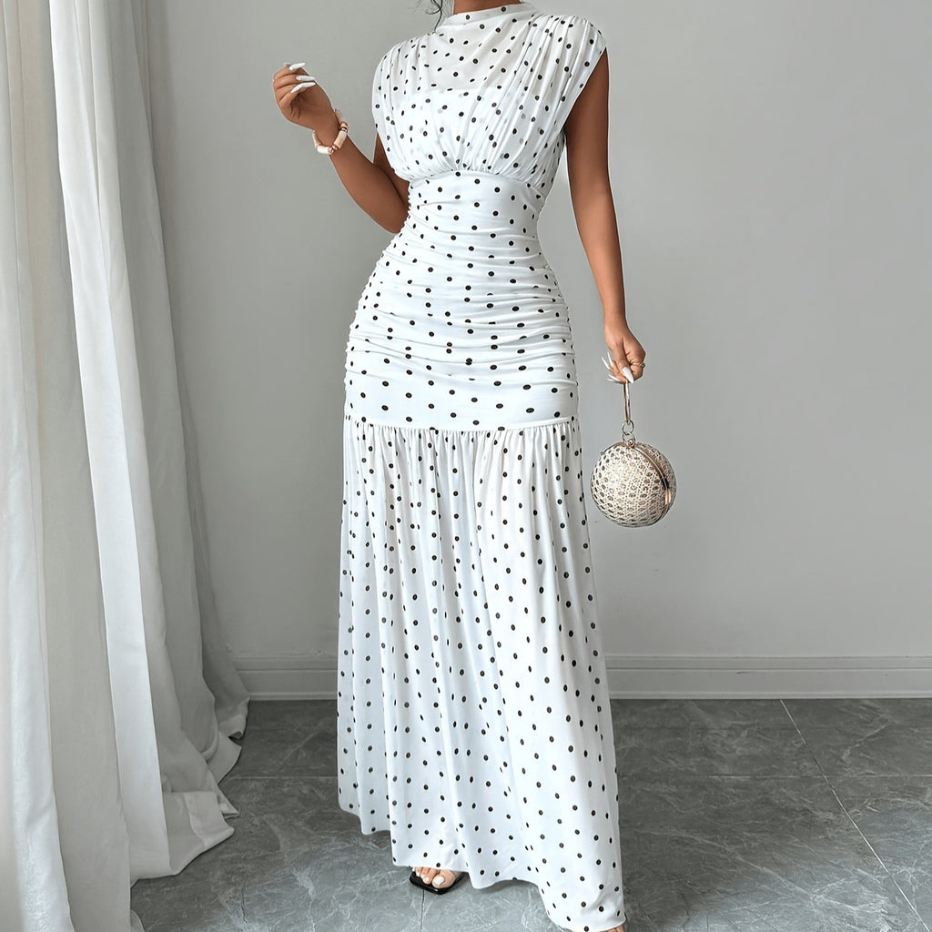 Polka Dot Pleated Sleeveless Maxi Dress