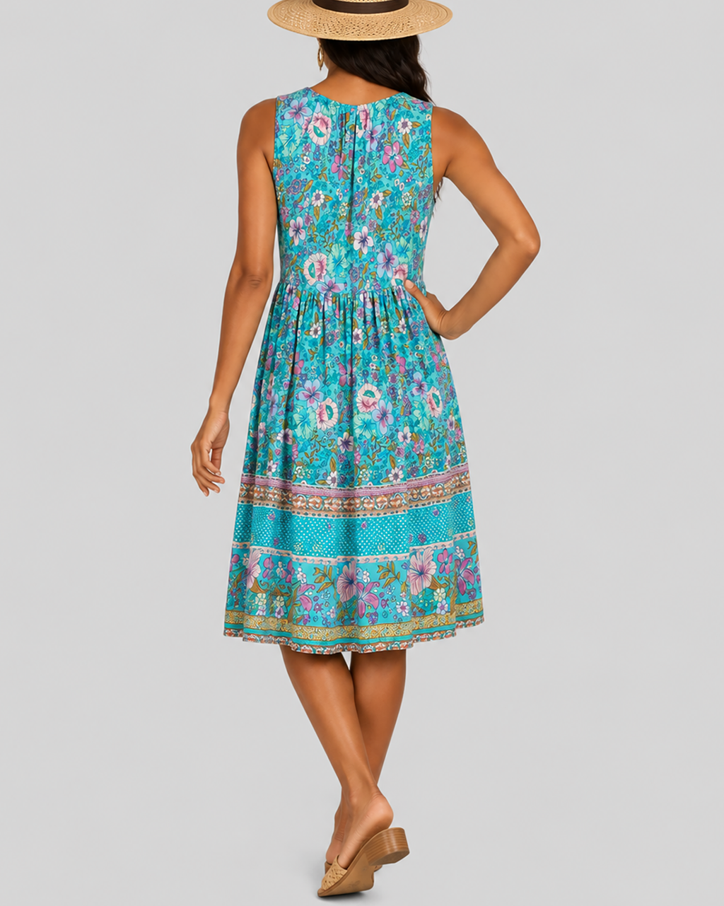 Printed V-Neck Midi Dress, Sleeveless