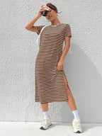 Zebra-Stripe High-Slit Midi Dress for Women, Round Neck Short Sleeve