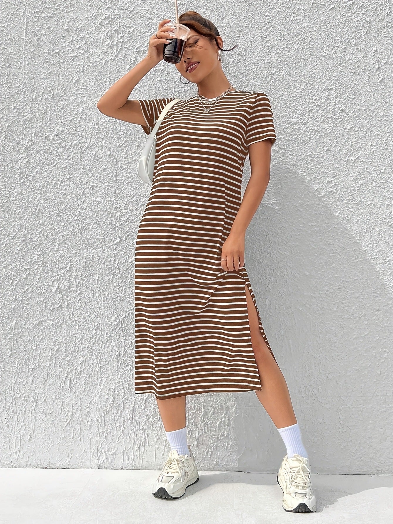 Zebra-Stripe High-Slit Midi Dress for Women, Round Neck Short Sleeve