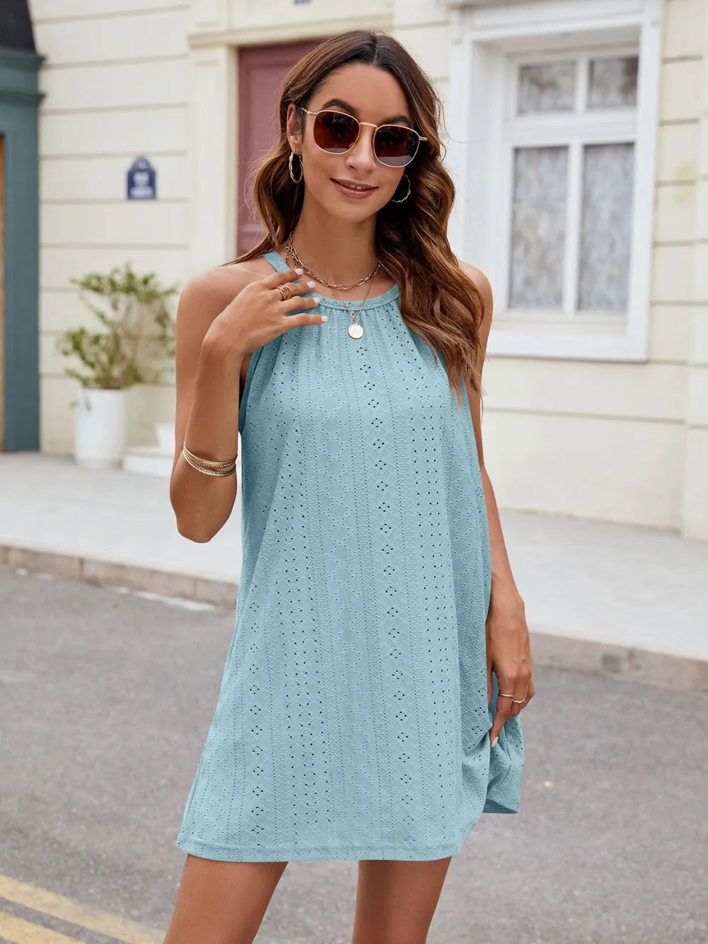 Eyelet sleeveless mini dress, feminine summer dress by Vilmere