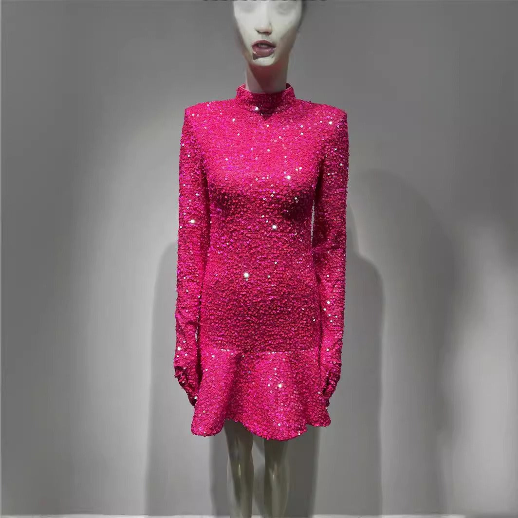 Rose Sequin High-Neck Mini Dress for Women