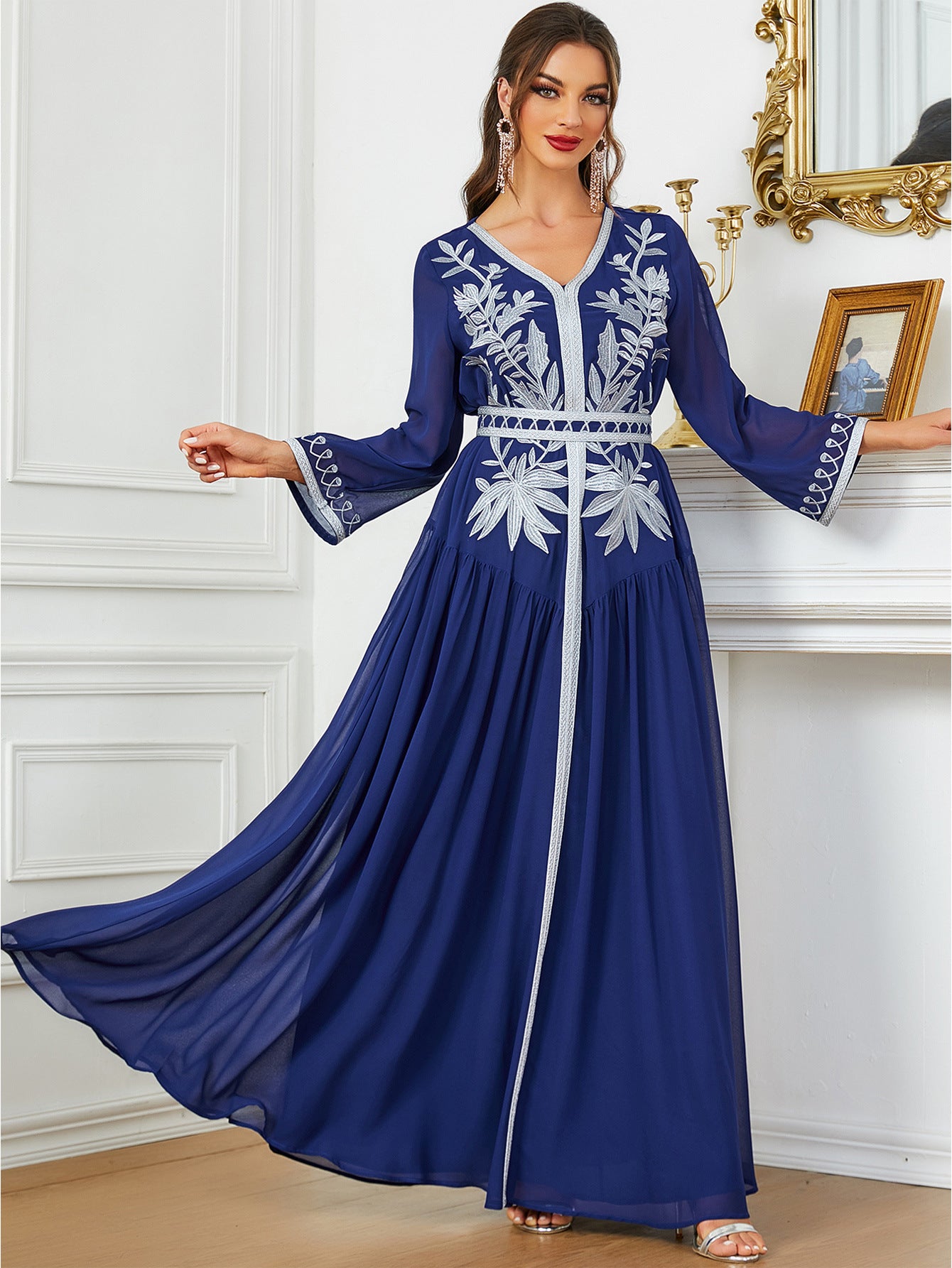 Embroidered V-Neck Robe Maxi Dress