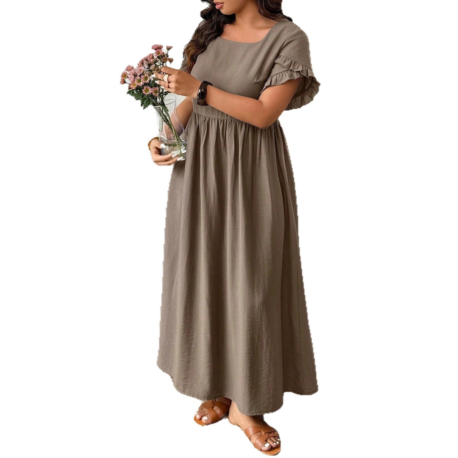 Brown Casual Plus-Size Maxi Dress