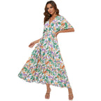 Printed V-Neck Waist-Cinched Maxi Dress