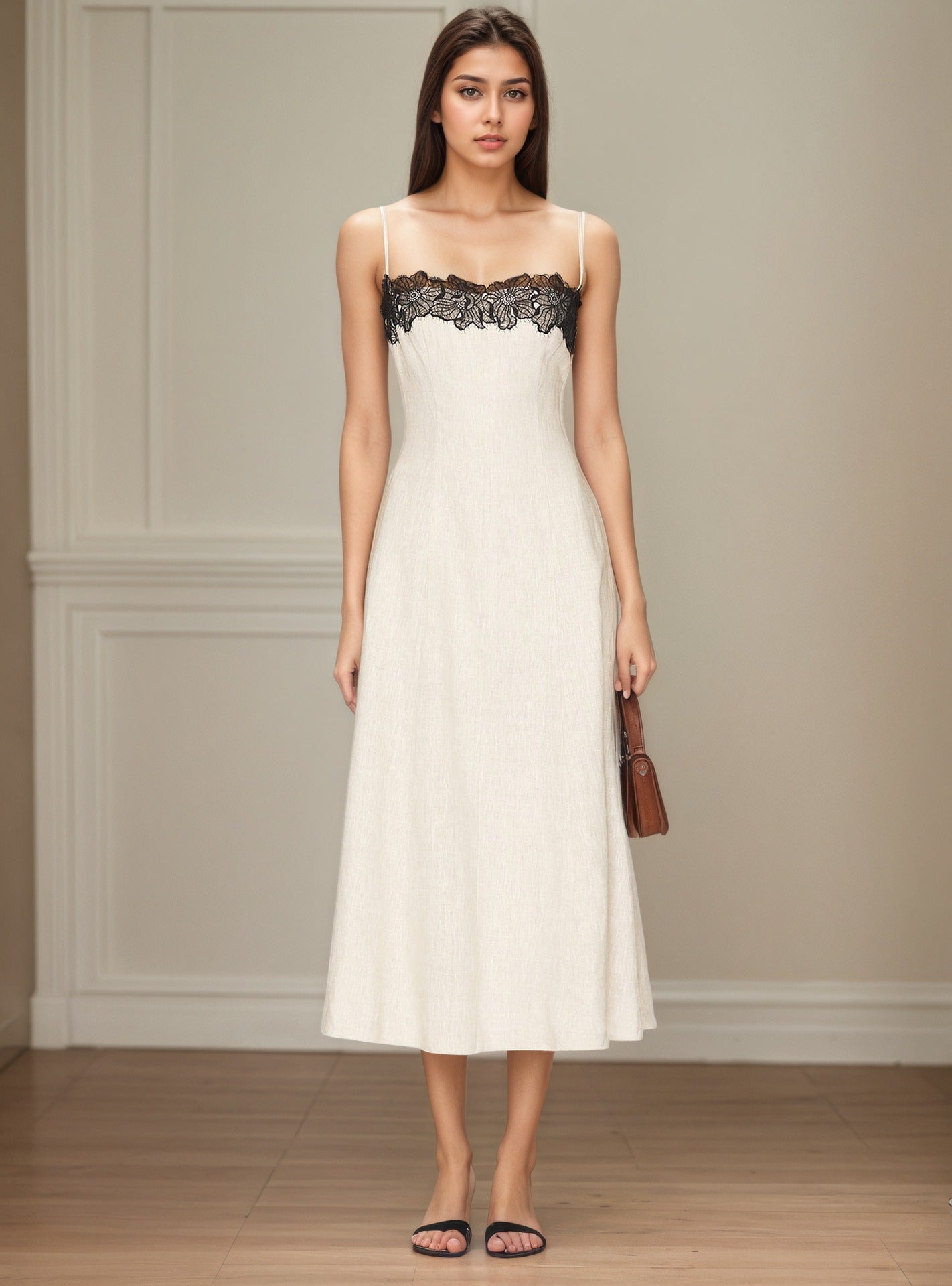 Lace-Contrast Camisole Maxi Dress in Off-White