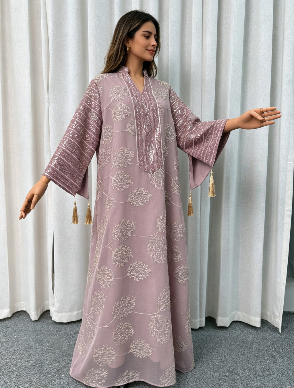 Long-Sleeve Embroidered Floral Maxi Dress