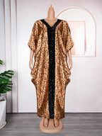 Beaded African Print Maxi Dress for Women, V-Neck