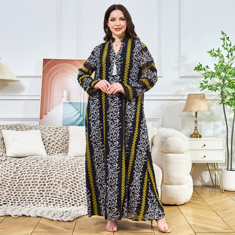 Embroidered Tassel Long-Sleeve Maxi Dress