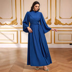Cyan Blue Waist-Cinching Stretch Maxi Dress