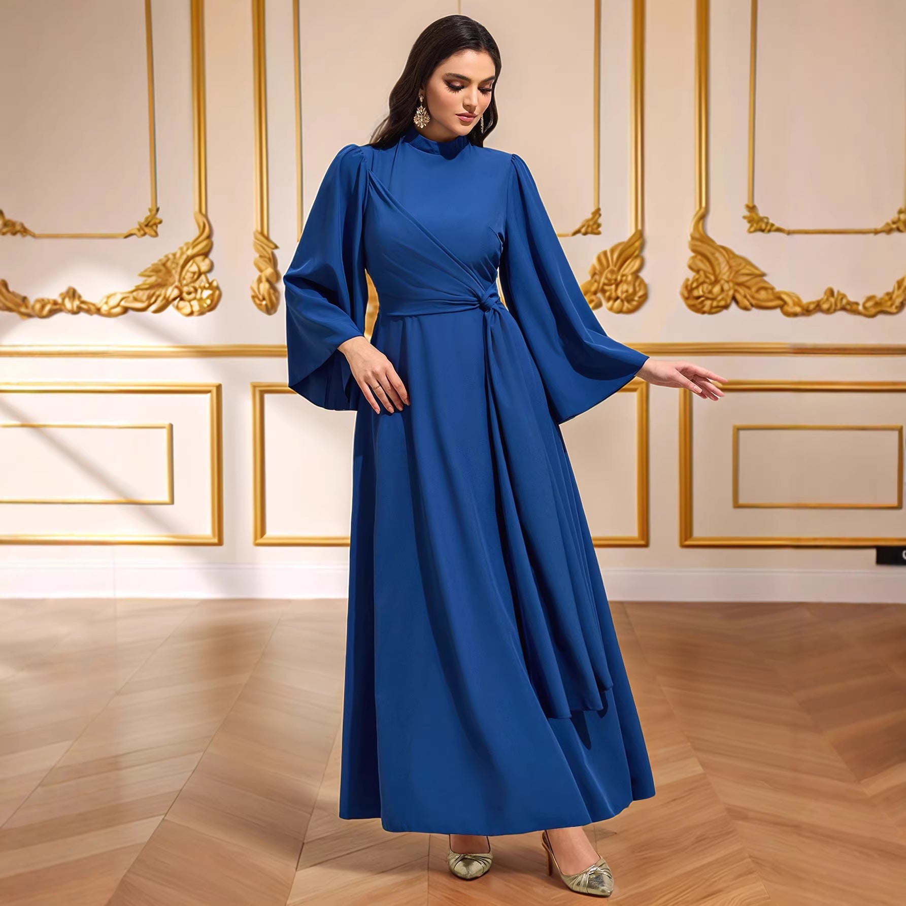 Cyan Blue Waist-Cinching Stretch Maxi Dress