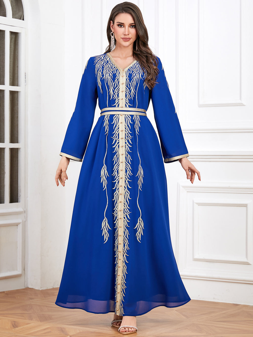 Embroidered Beaded V-Neck Robe Maxi Dress