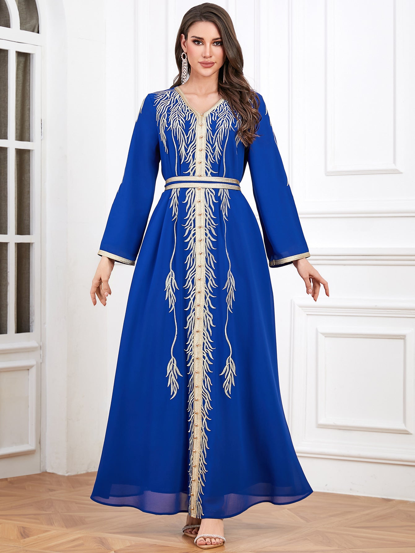 Embroidered Beaded V-Neck Robe Maxi Dress