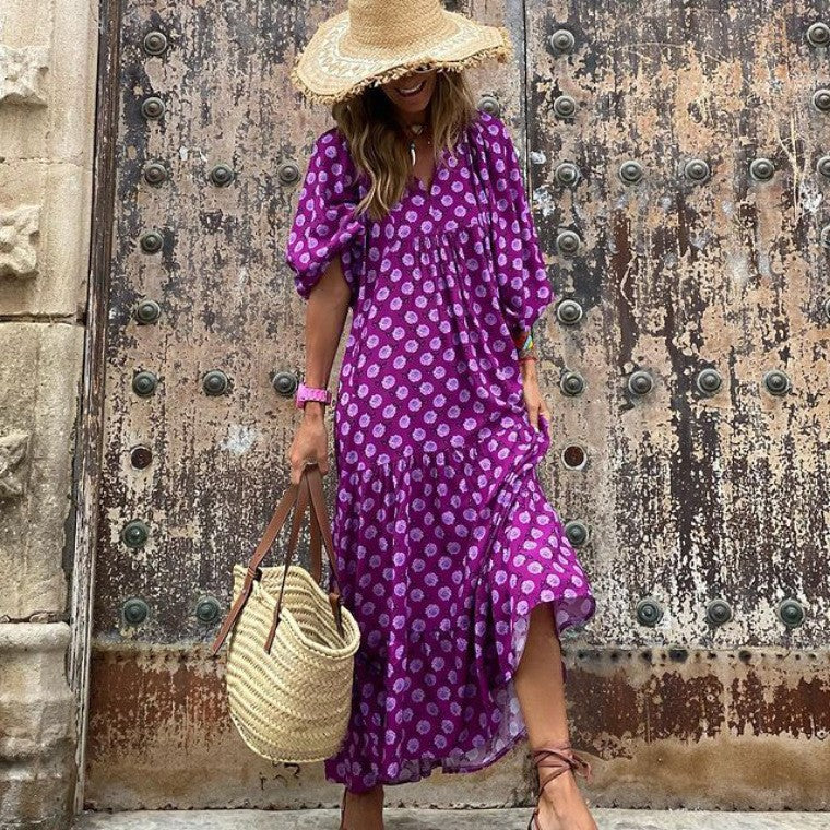 Bohemian Print Long Sleeve Flowy Maxi Dress for Women