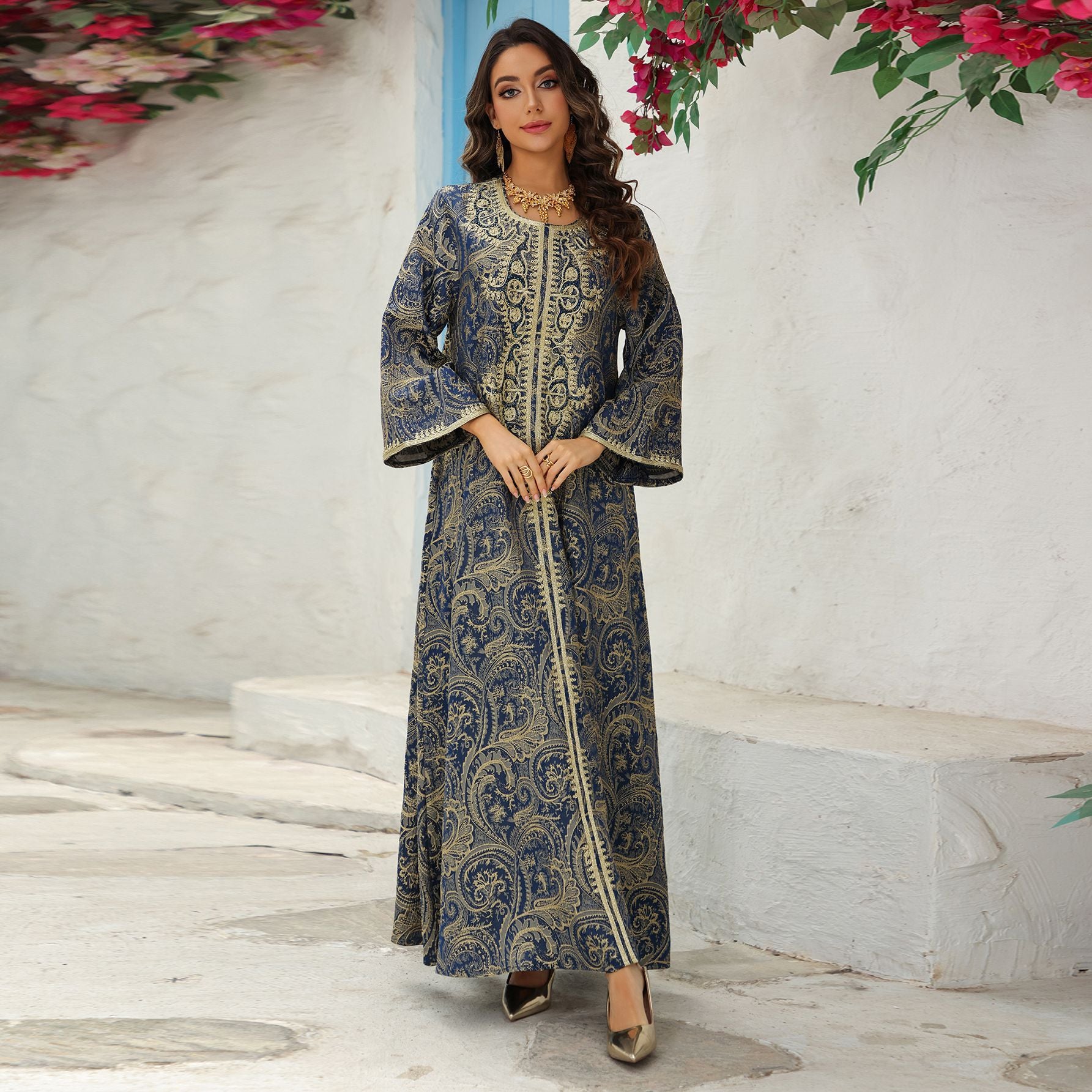 Embroidered Lace-Up Kaftan Maxi Dress