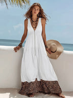 Bohemian Leopard Print V-Neck Maxi Dress for Women, Sleeveless