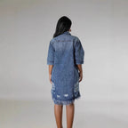 Ripped Fringe Denim Jacket for Women, Turn-Down Collar