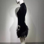 Rhinestone Feather-Hem Shoulder-Padded Mini Dress in Black