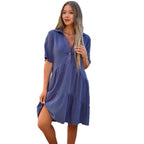 Solid V-Neck Short-Sleeve A-Line Midi Dress