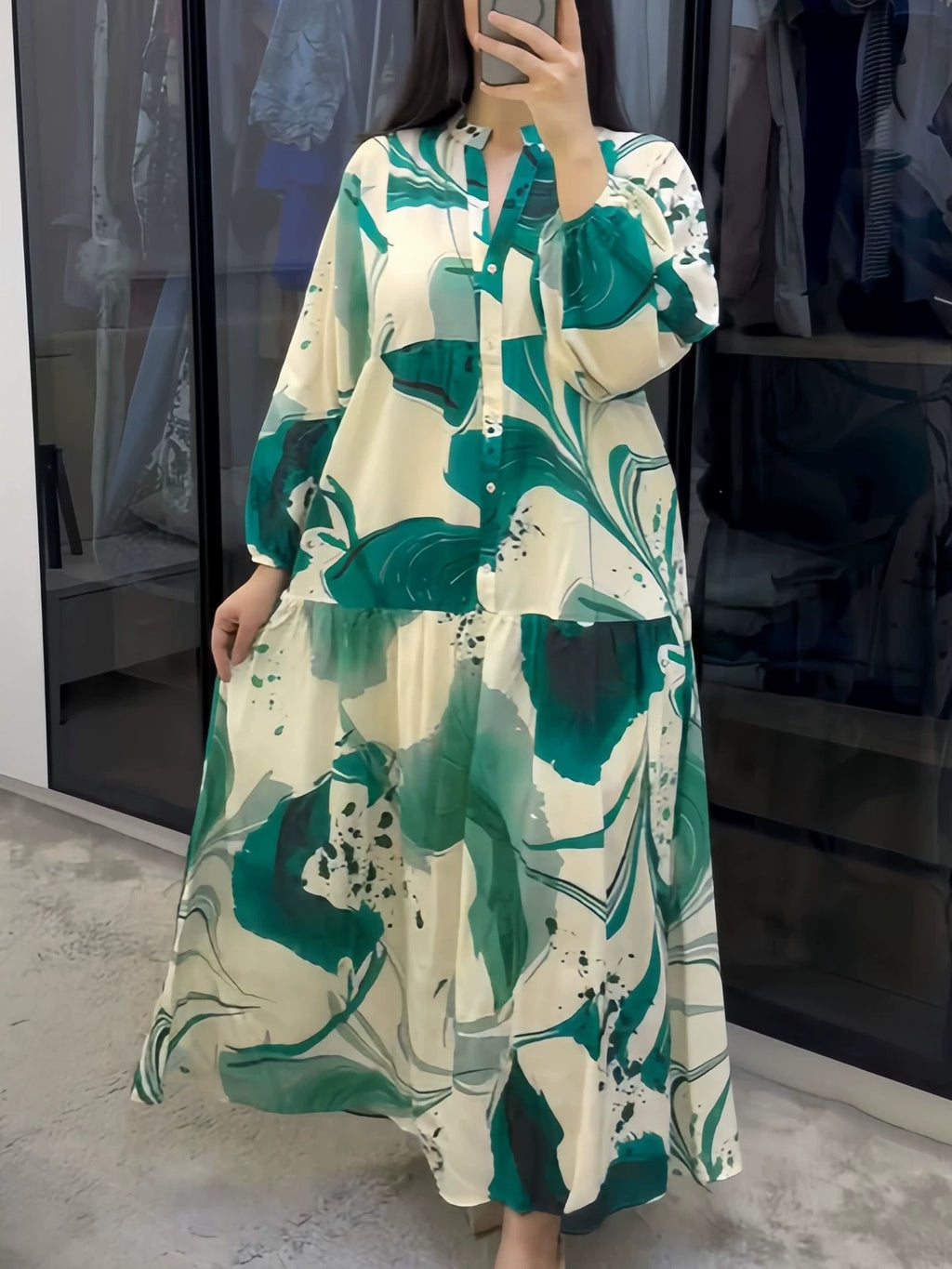 Printed Loose V-Neck Maxi Dress