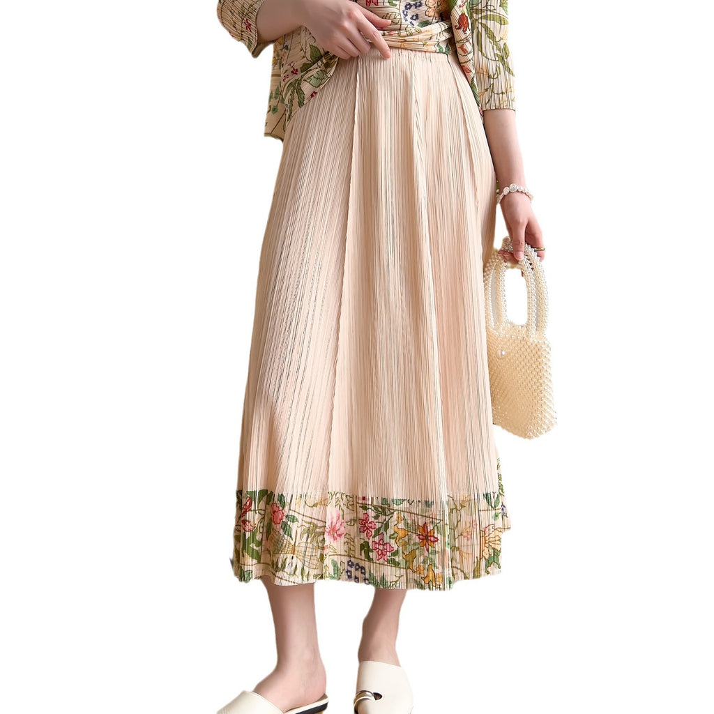 Floral Pleated A-Line Midi Skirt for Women, One Size