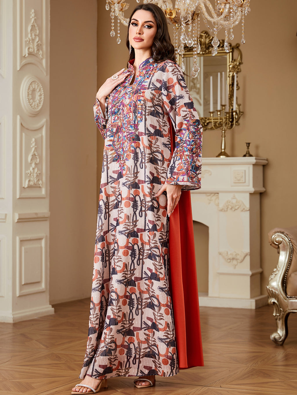 Orange Embroidered Robe Maxi Dress