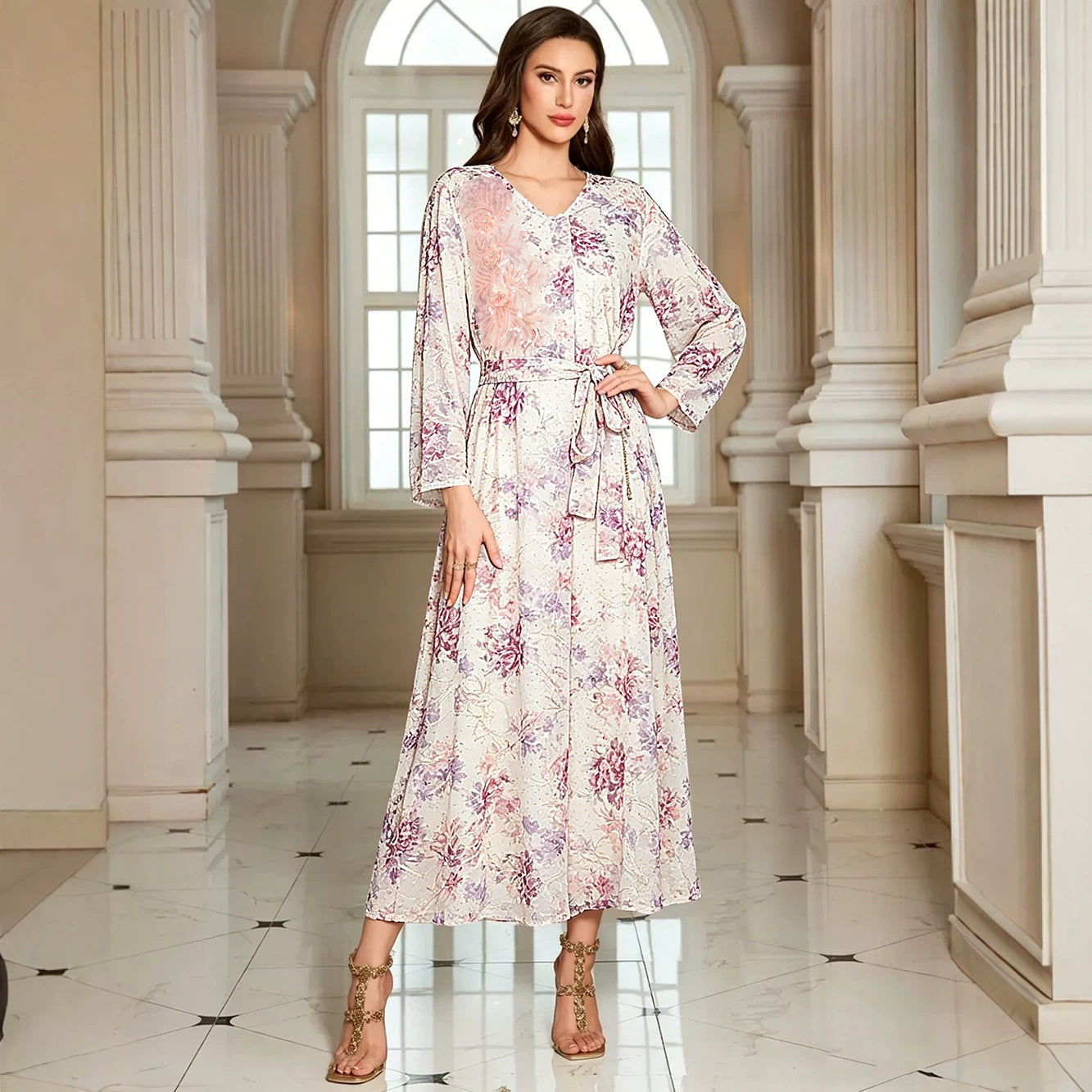 V-neck long sleeved lace up dress