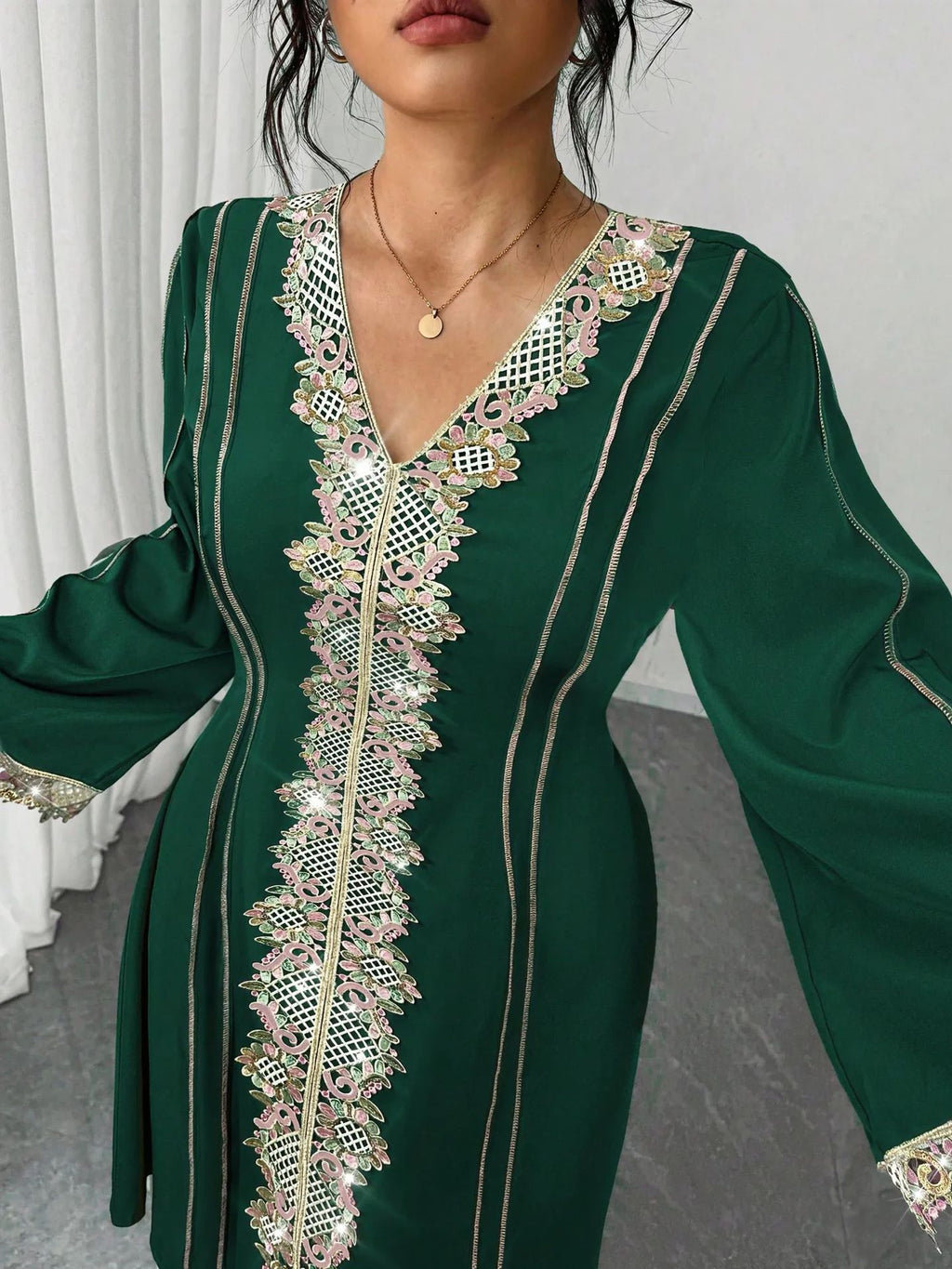 Plus-Size Lace Embroidered Maxi Dress with long sleeves