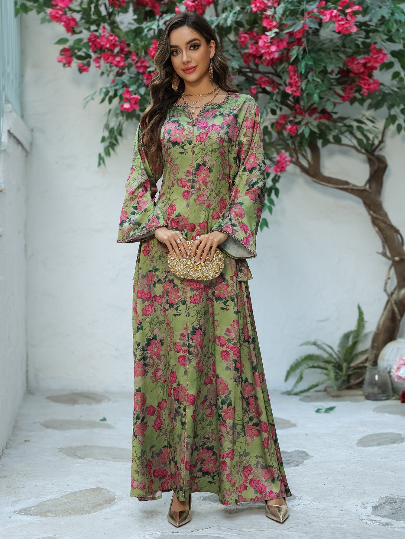 Printed Rhinestone Maxi Dress