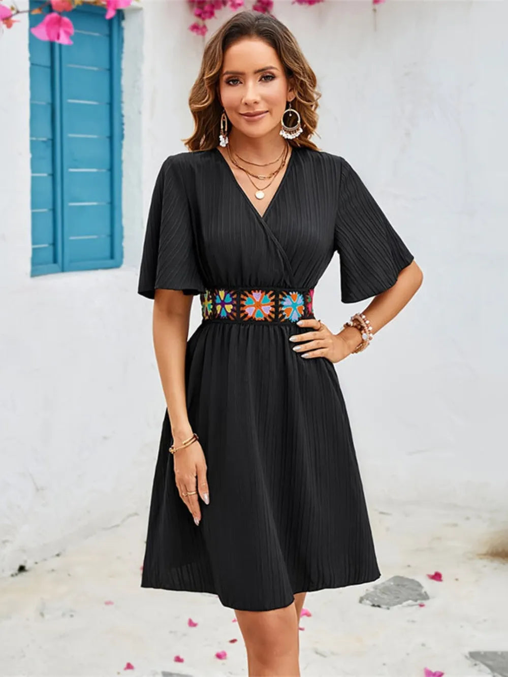 Flutter sleeve mini dress in black, feminine A-line dress by Vilmere