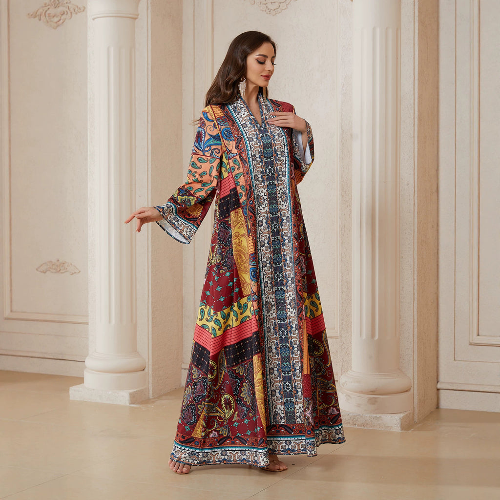 Red Printed Long-Sleeve Maxi Dress
