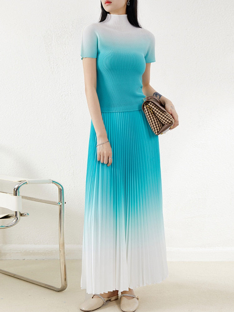 Pleated Gradient Elastic Waist Top & Skirt Co-ord Set for Women
