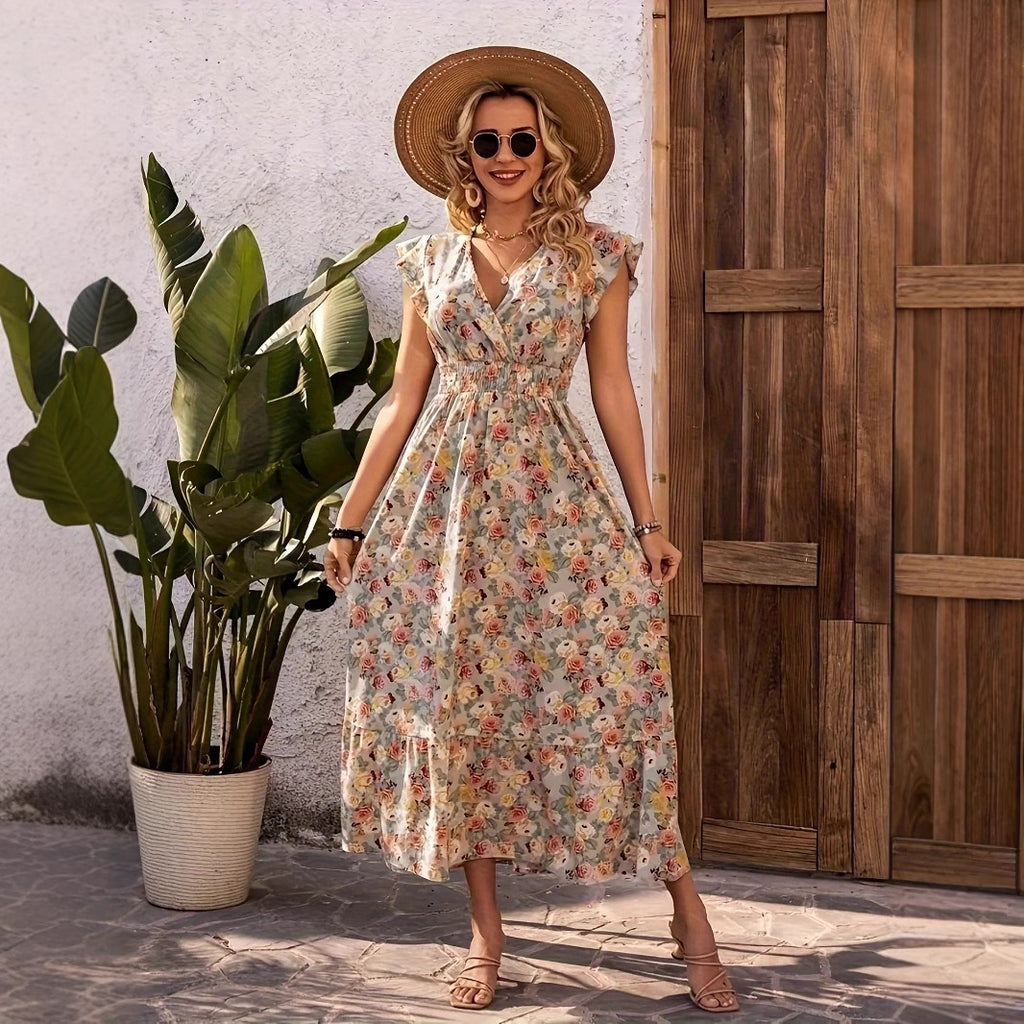 Floral Print V-Neck High-Waist A-Line Dress for Women