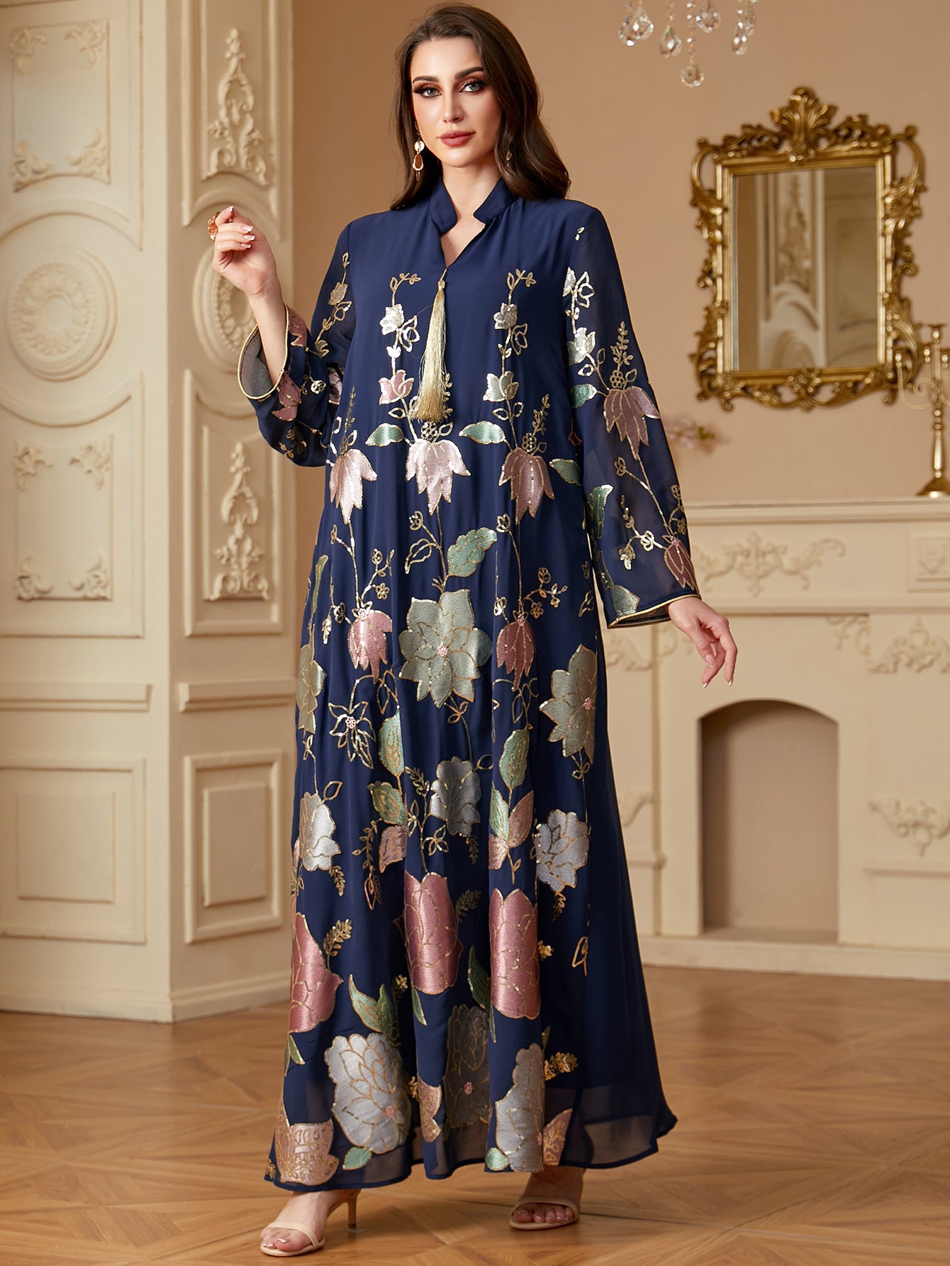 Sequin Embroidered Tassel Robe Maxi Dress