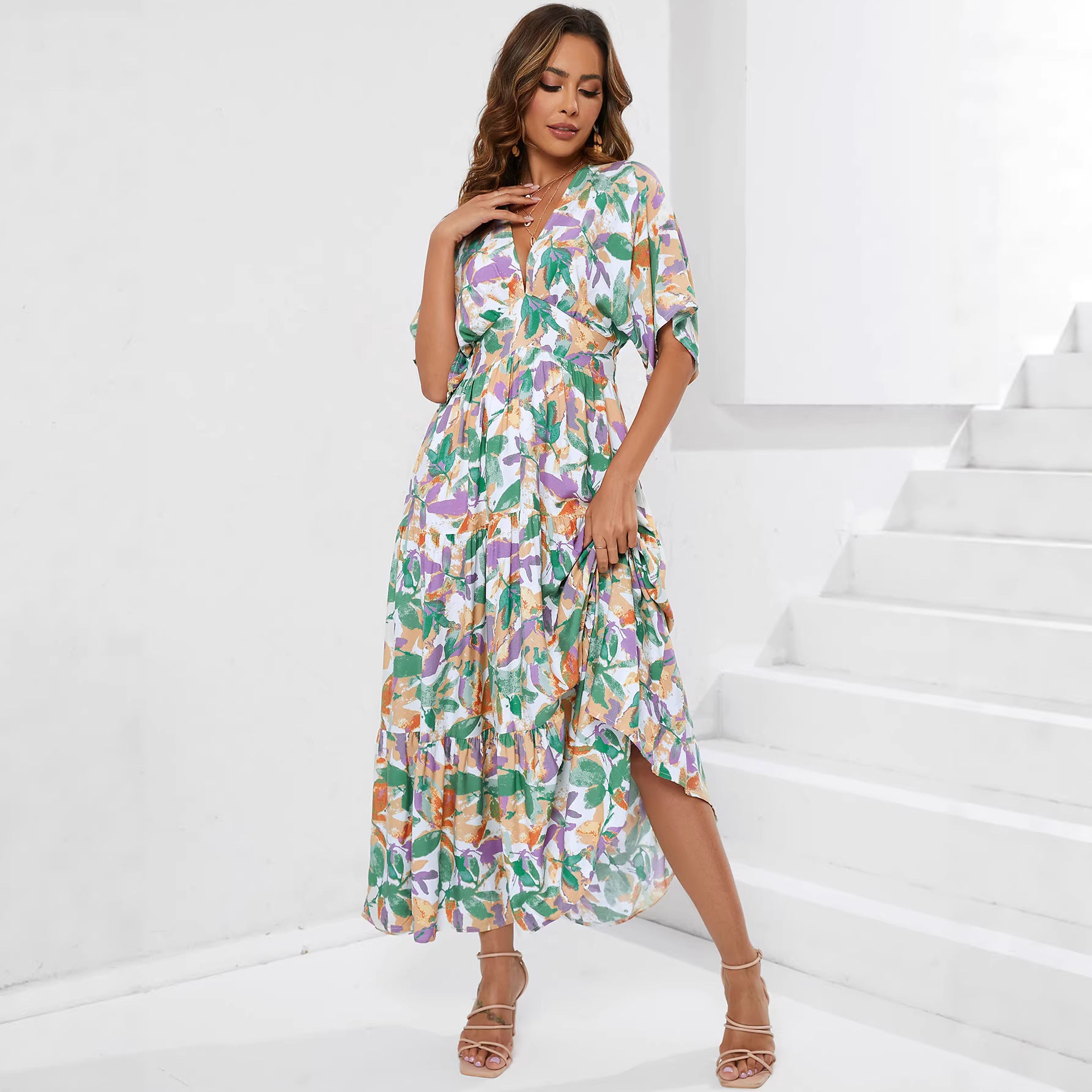 Printed V-Neck Waist-Cinched Maxi Dress Secondary image