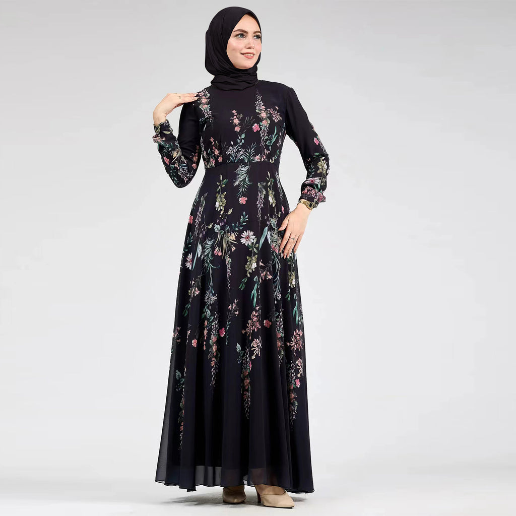 Printed Stand-Collar Long-Sleeve Maxi Dress