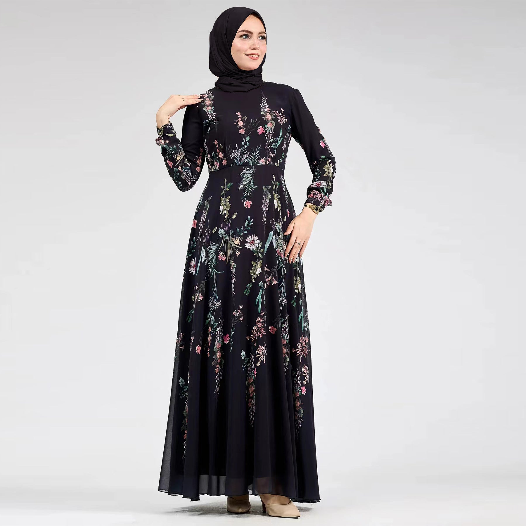 Printed Stand-Collar Long-Sleeve Maxi Dress