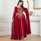 Beaded Flared-Sleeve Evening Maxi Dress