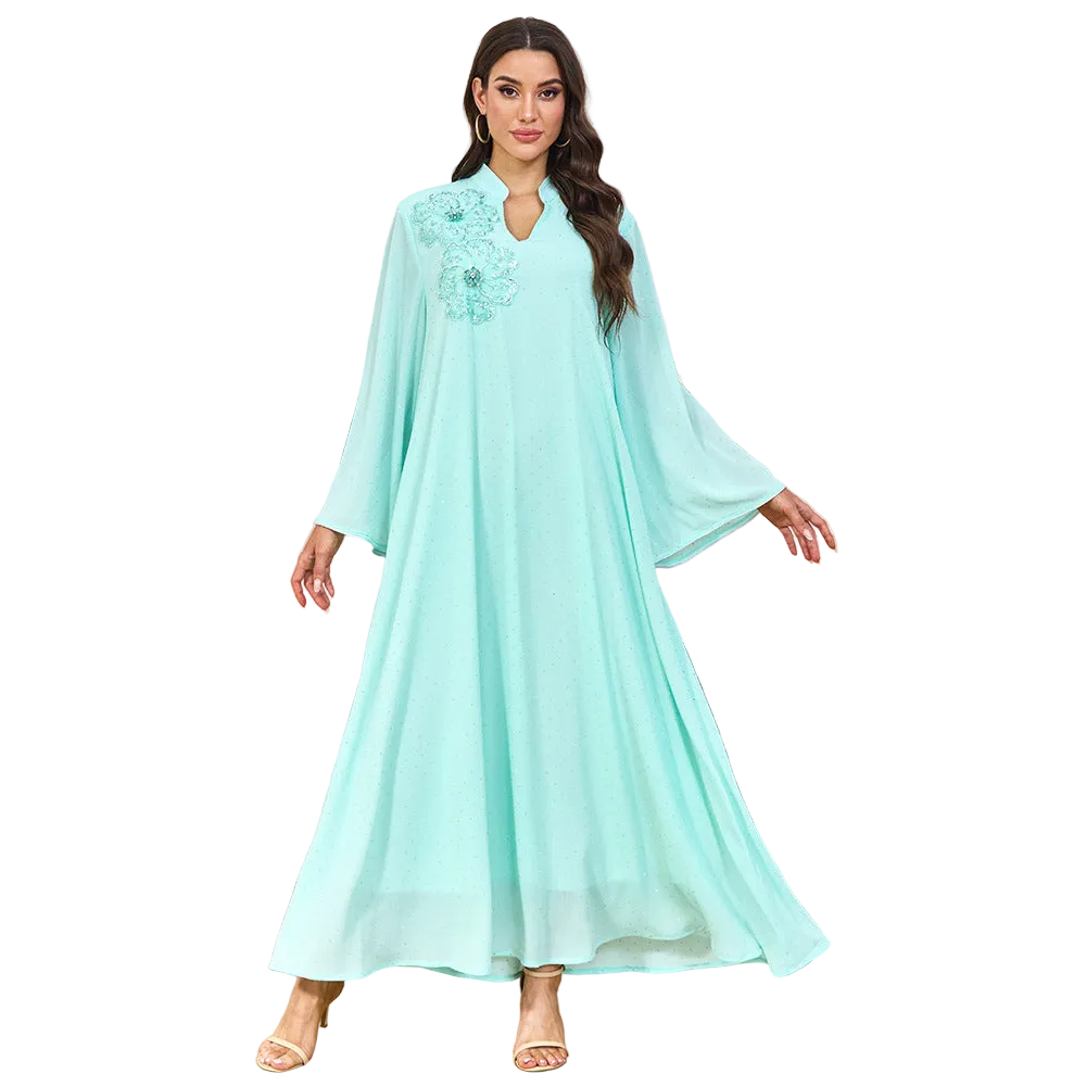 V-Neck Loose Long-Sleeve Maxi Dress, Light Blue & White for women with V neck and long sleeves