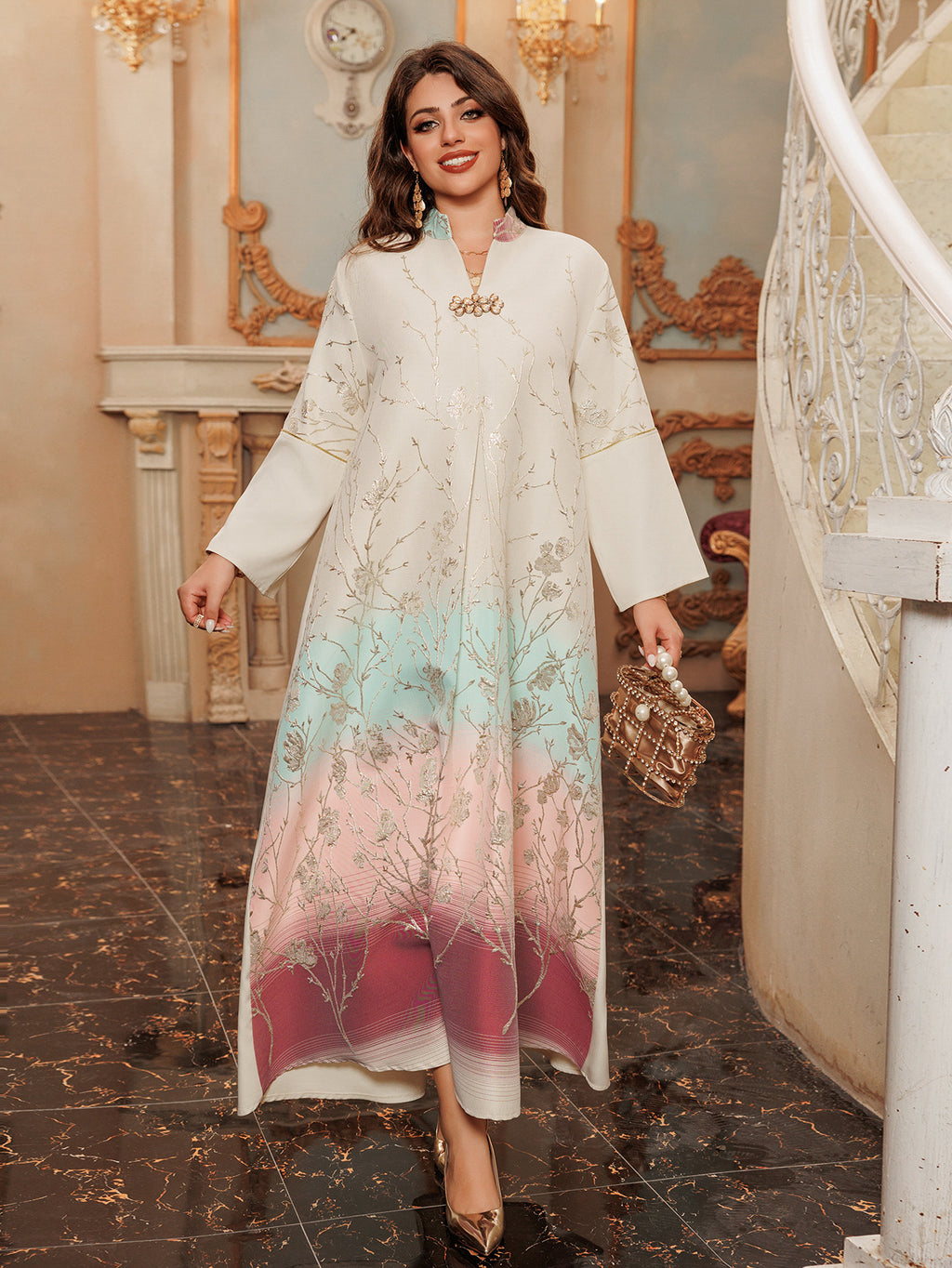 Embroidered Lace-Up Maxi Dress
