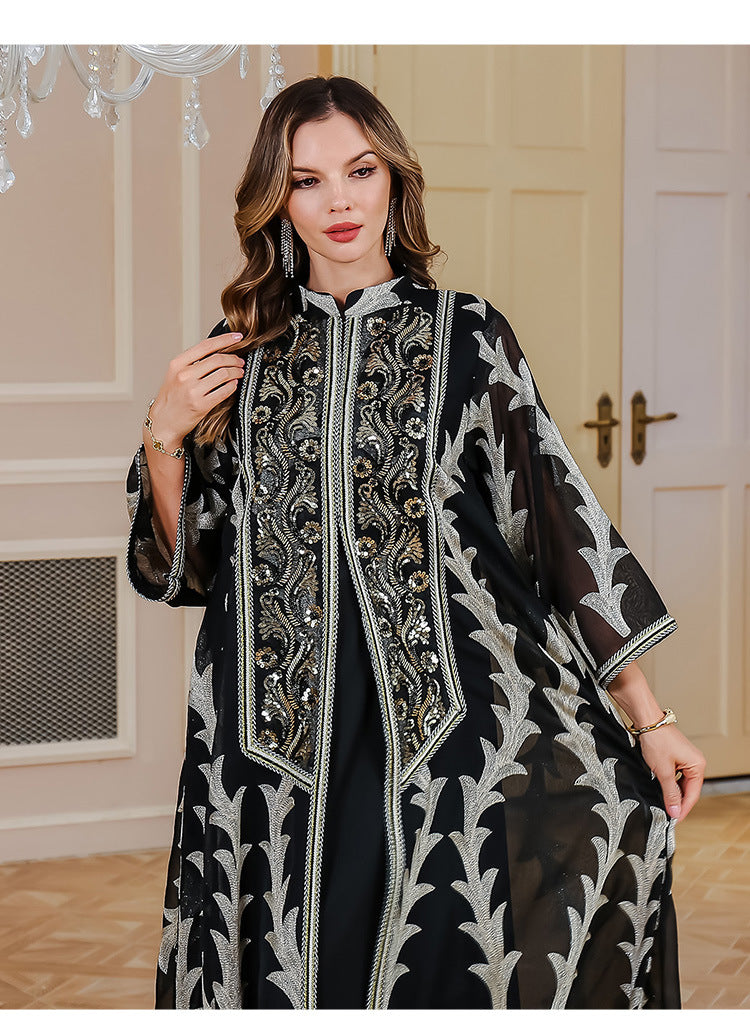 Embroidered Mesh Stand-Collar Maxi Dress