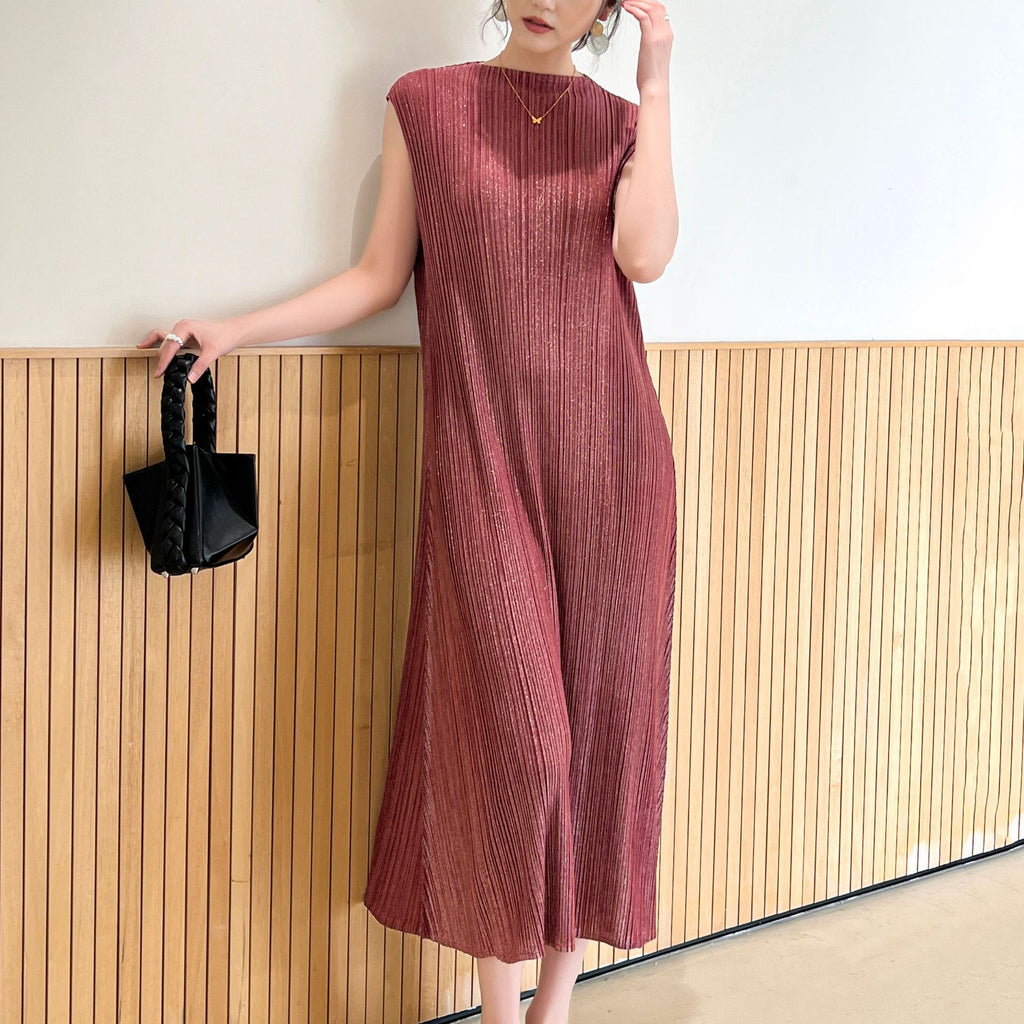 Pleated Shiny Satin Maxi Dress for Women, Sleeveless A-Line