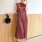Pleated Shiny Satin Maxi Dress for Women, Sleeveless A-Line