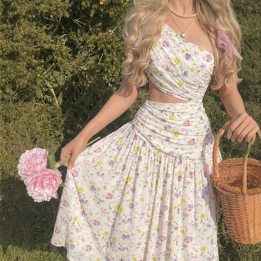 Floral One-Shoulder Pleated A-Line Maxi Dress