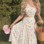 Floral One-Shoulder Pleated A-Line Maxi Dress