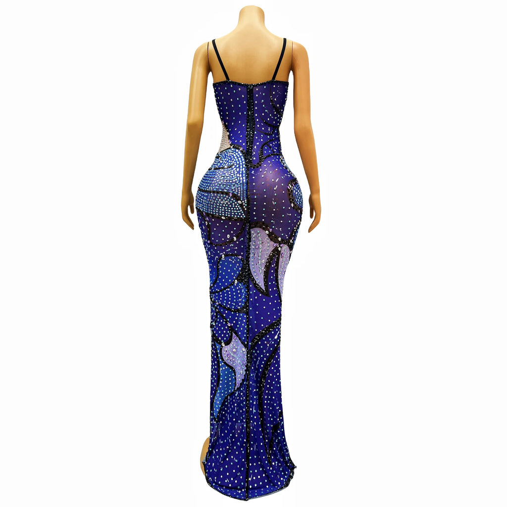 Diamond Print Slit Bodycon Suspender Gown in Blue