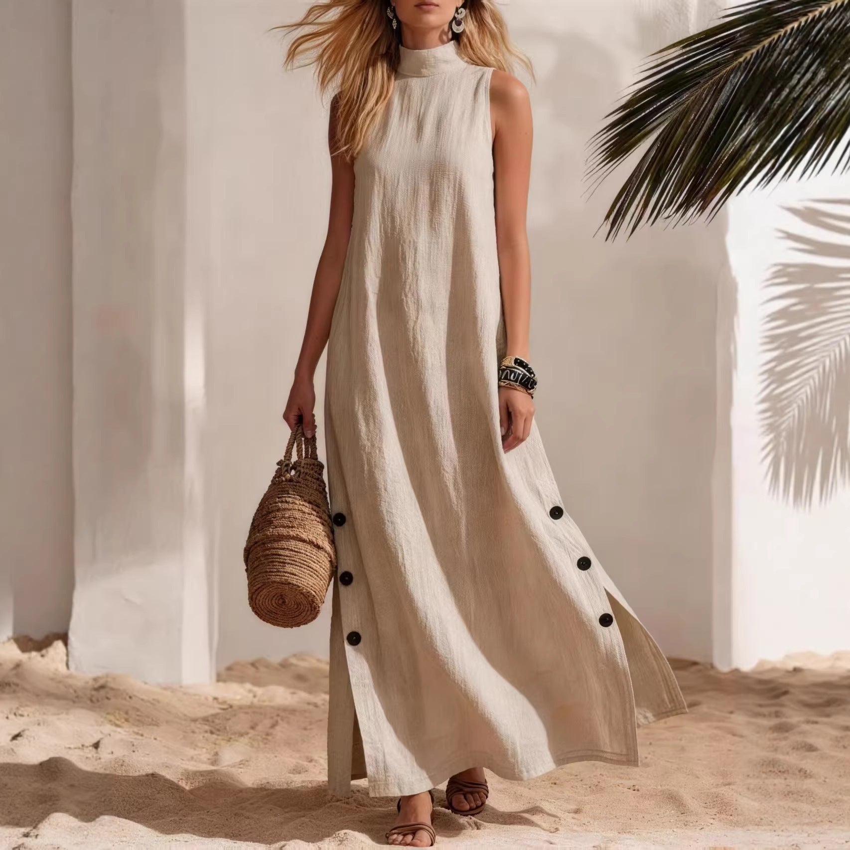 Cotton Linen Side-Slit Maxi Dress Main image