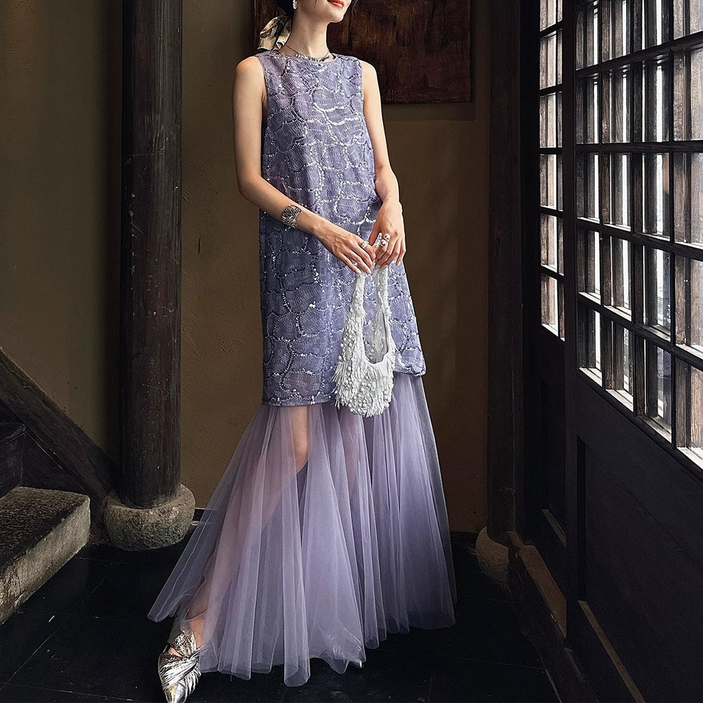 Beaded Embroidered Chiffon Maxi Dress