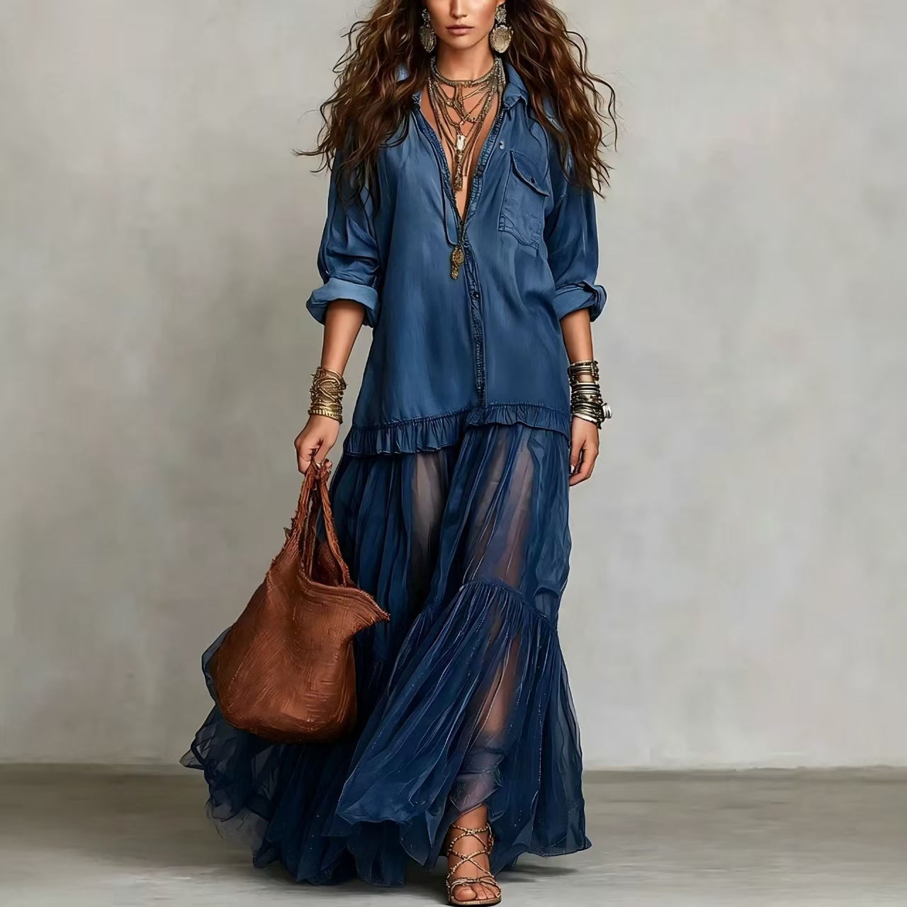 Denim-Look Chiffon Maxi Dress, Long Sleeve